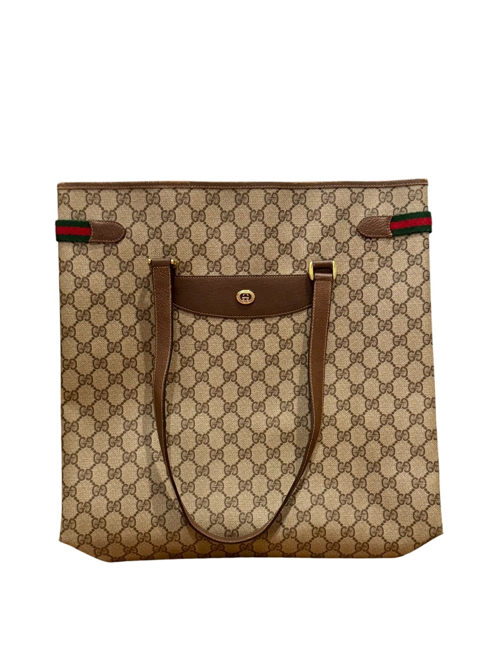 Gucci Beige/Brown GG Canvas Tote with Green-Red Web Stripe